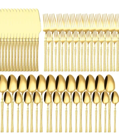Goldoma stainless steel cutlery set with hammer pattern handles on a wooden table