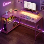 NOST&HOST Pink L Shaped Gaming Desk LED Power Outlets,42" Corner Computer Desk Reversible Shelves Hooks Home Office Bedroom Desk - Image 7