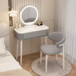 Modern storage vanity table with mirror and stool featuring multiple drawers for bedroom organization