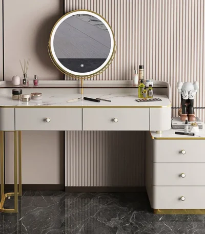 White MDF dressing table with mirror and stool in a modern bedroom setting