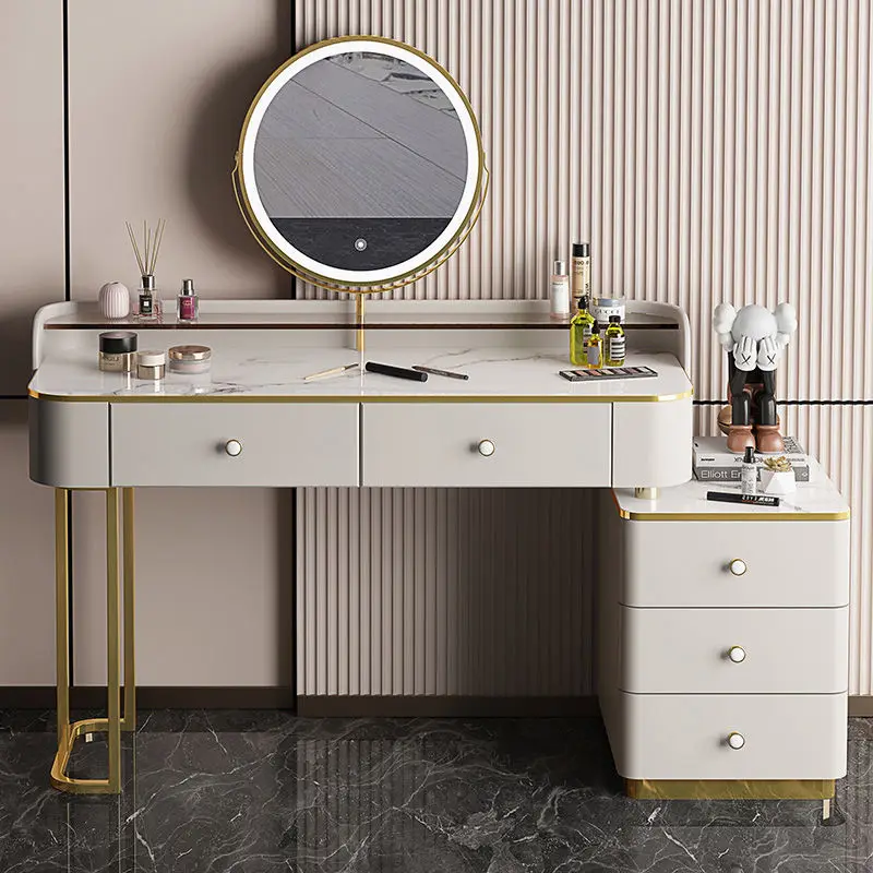S9a5ffc2e4722483fa639462cb9cae2bcS.webp White MDF dressing table with mirror and stool in a modern bedroom setting