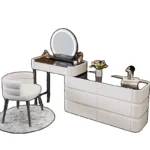 modern dressing table with mirror and stool in a bright bedroom