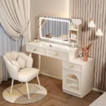 Modern makeup vanity with mirror and stool in a bedroom setting, featuring four drawers and sleek wooden design – Goldoma