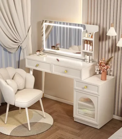 Modern makeup vanity with mirror and stool in a bedroom setting, featuring four drawers and sleek wooden design – Goldoma