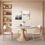Modern round slate dining table with solid wood legs - Goldoma