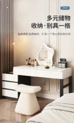 Modern wooden dressing table with mirror and 5 drawers – makeup vanity desk with LED lights and stool in bedroom setting