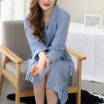 Women Water Absorption Bath Robe Solid Waffle Bathrobe Spa Home Dress Nightgown – side view
