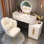 Modern dressing table with mirror and stool in a minimalist bedroom setup