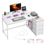 EnHomee 40" L-Shaped Computer Desk with Monitor Stand & 3 Drawers Gaming Desk with Power Outlet and LED Lights for