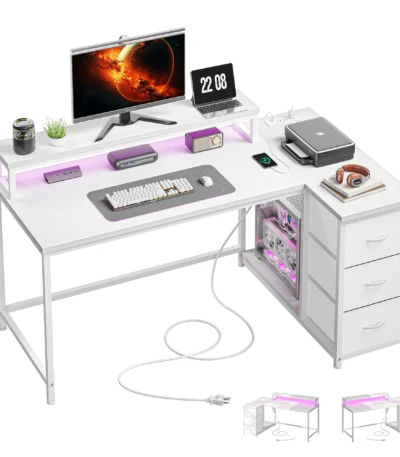 EnHomee 40" L-Shaped Computer Desk with Monitor Stand & 3 Drawers Gaming Desk with Power Outlet and LED Lights for