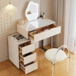 Modern Nordic vanity table with storage drawers and mirror in bedroom setting