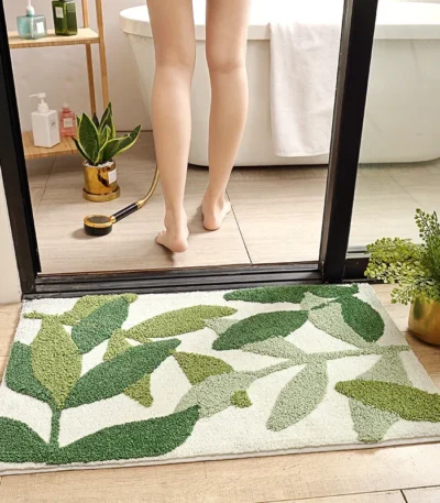 Honlaker Green Leaves Flocking Bath Mat Non-slip Absorbent Microfiber Bathroom Rug Home Entrance Door Mat Super Soft Bath