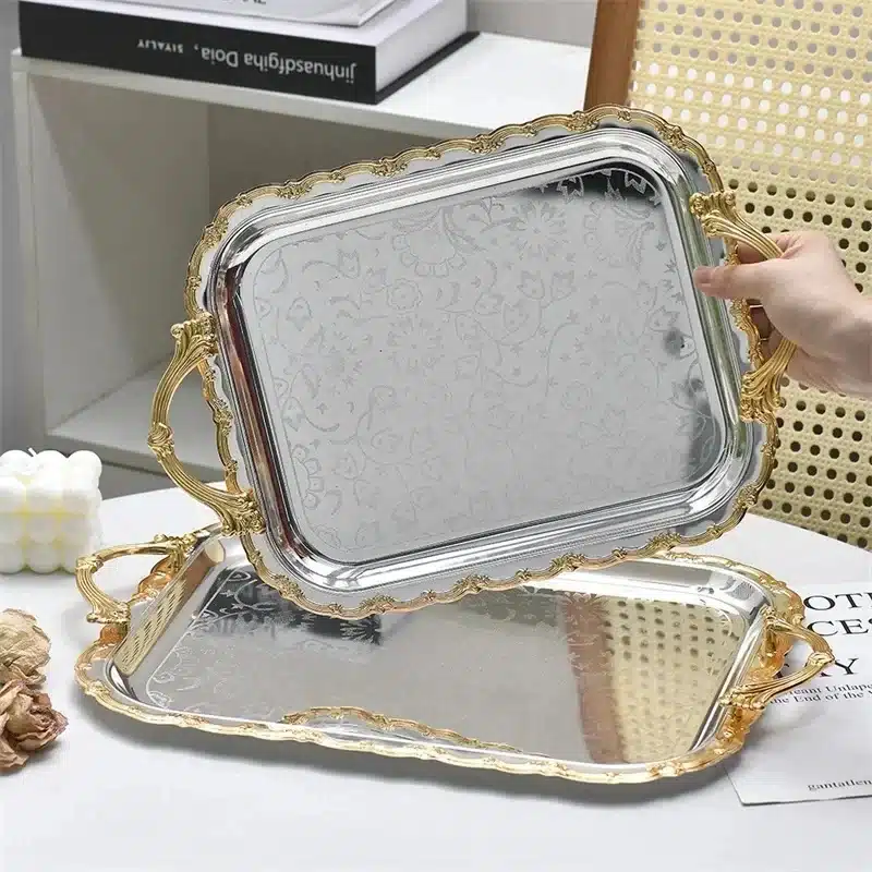 Luxury Gold Silver Serving Tray Middle Eastern Style Decorative Fruit Jewelry Dessert Nut Snack Plate For Home Room Display