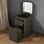 Modern minimalist 3-door solid wood dresser with jewelry organizer in a bedroom setting