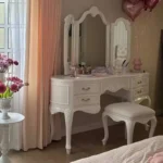 Modern wooden vanity table with mirror and stool in white finish for bedroom