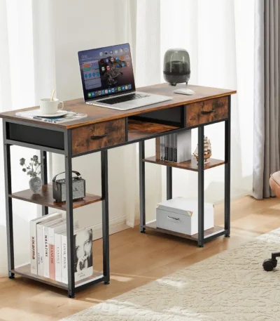 JHK 48 Inch Computer Gaming Desk with Fabric Drawers Storage Shelves Metal Frame Adjustable Feet Table For Bedroom Home