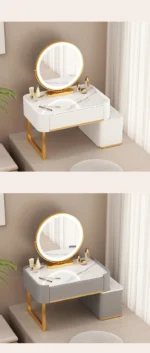 Modern minimalist dressing table with storage shelf for makeup organization in a bedroom