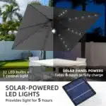 Goldoma large patio umbrella with lights illuminating a 9x9 FT square cantilever umbrella with solar LED lights in a bac