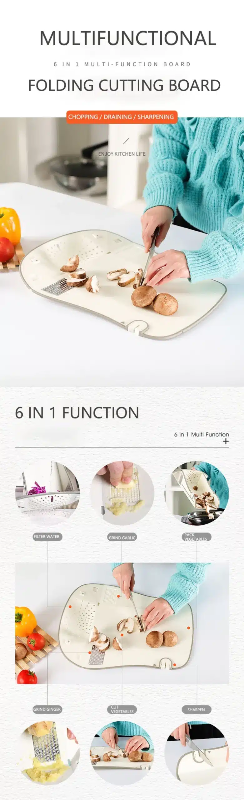 Multifunction Cutting Board Foldable Sharpen Drain Vegetable Meat Chopping Board Antibacterial Kitchen Accessory Garlic Grinding