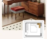 Minimalist oak wood dressing table with mirror, stool, and six drawers in a modern bedroom setting