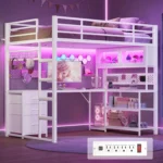 Twin Loft Bed L-Shaped Gaming Desk Storage Hutch Power Outlet Metal Frame RGB Lights Space Saving Teens Black, Customized