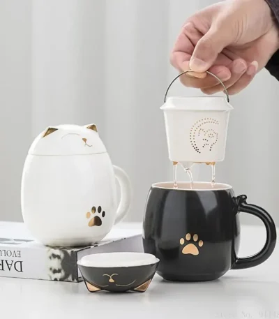 Creative Cartoon Black/White Lucky Cat With Cover Filter Tea Water Separation Office Cup Household Gifts Personal Mug, 1Pc