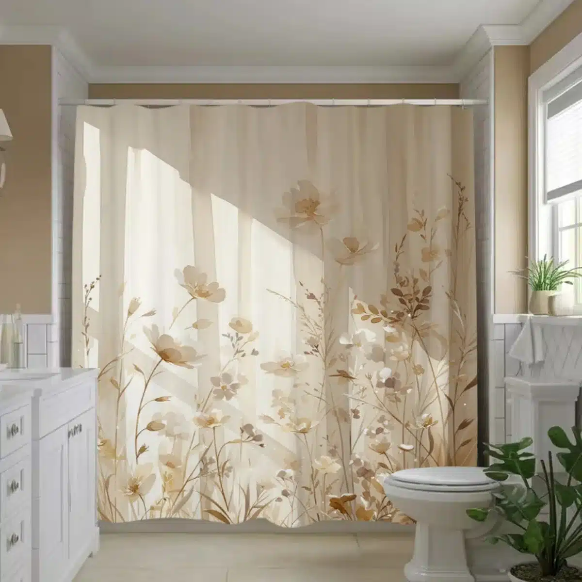 Beige Floral Shower Curtain Soft Light Effect Botanical Design Elegant Bathroom Decor Waterproof Fabric Nature Inspired