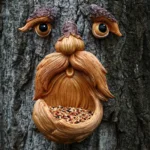 Tree Face Bird Feeder Outdoor, Eyes Glow in Dark Fun Old Man Tree Hugger Sculpture Yard Art Garden Lawn Ornament Decoration