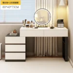 Modern wooden dressing table with mirror and 5 drawers – makeup vanity desk with LED lights and stool in bedroom setting