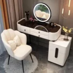 Modern dressing table with mirror and stool in a minimalist bedroom setup