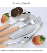 Stainless steel flatware set with wooden handles displayed on a table