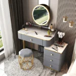 White MDF dressing table with mirror and stool in a modern bedroom setting