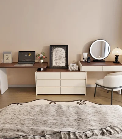 Modern minimalist wooden dressing table with mirror and stool in a bedroom setting