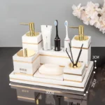 Volakos White Natural Marble Bathroom Accessories Golden Luxury Soap Dish Soap Dispenser Toothbrush Holder Tray Bathroom Set