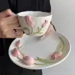 European Relief Ceramic Tulip Cup Afternoon Tea Dessert Pastry Tea Cup Painted Flowers Coffee Mug Couple's Water Cup Café