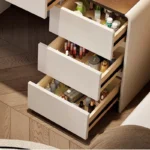 Modern makeup vanity desk with mirror and stool in cream finish - Goldoma