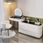 modern dressing table with mirror and stool in a bright bedroom