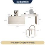 White minimalist wood dresser with mirror and stool in modern bedroom setting