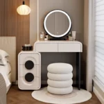 Modern white wood dressing table with mirror and three drawers in bedroom setting