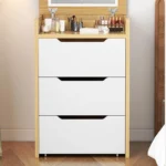 Modern flip cover dressing table with LED light, stool, and three drawers in a bedroom setup