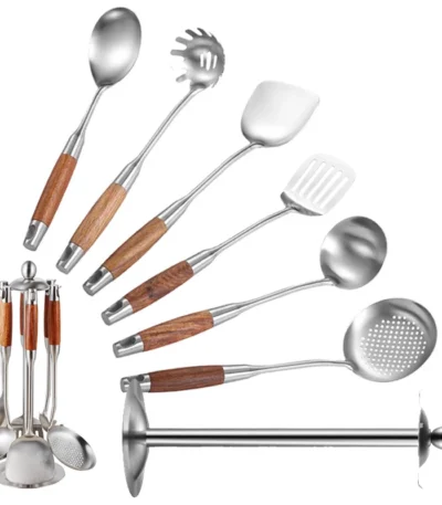 7-piece stainless steel cookware set with rosewood handles arranged on a kitchen counter
