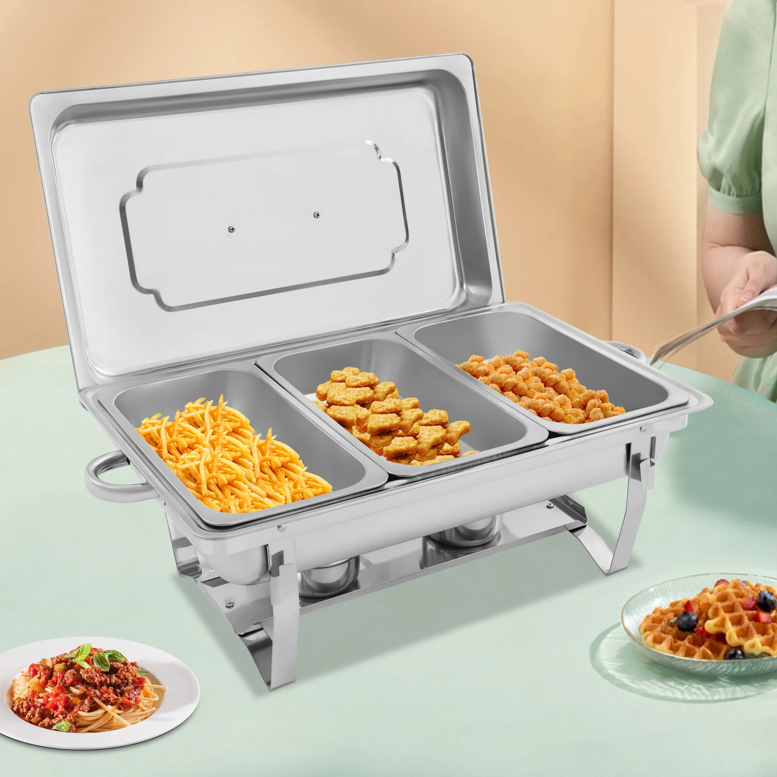 Sa104b78258134026965ed1211a77fdbe1.webp Chafing Dish Buffet Set 3 Grid Stainless Steel Rectangular Catering Chafer Warmer Set Buffet Dishes Warming Set 63.5*35.5*32cm - Image 1