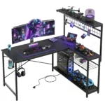 NOST&HOST 51" L-Shaped Gaming Desk Power Outlets LED Lights 4 Tier Shelves Hooks Cup Holder Home Office Carbon Fiber Black - Image 6