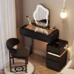 Luxury modern dressing table with mirror and stool in bedroom setting featuring compact vanity with drawers