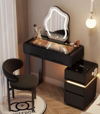 Luxury modern dressing table with mirror and stool in bedroom setting featuring compact vanity with drawers