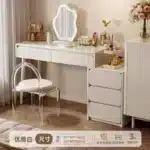 Solid Wood Dressing Table with Mirror and Stool - White – styled in a modern Vanities setting