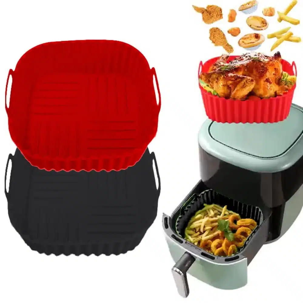 Square Silicone Air Fryer Basket Pan Reusable Food Safe Baking Mold for Oven BBQ Barbecue Cooking Kitchen Bakeware Pastry Tool
