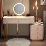 French white wooden dressing table with mirror and stool in a modern bedroom setting