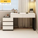 Modern wooden dressing table with mirror and 5 drawers – makeup vanity desk with LED lights and stool in bedroom setting