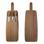 Acacia cheese board set with cheese knives and wooden cutting board on a table
